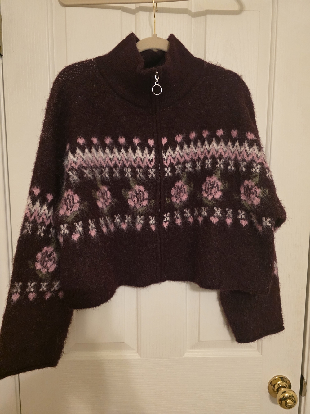 Wild Fable Floral Fair Isle Full-Zip Cropped Sweater - Burgundy/Pink - Size L